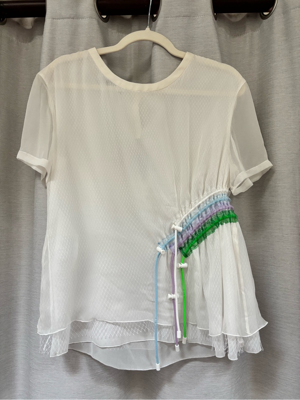 Emporio Armani White Sheer Short-Sleeve Blouse with Pastel Side Trim